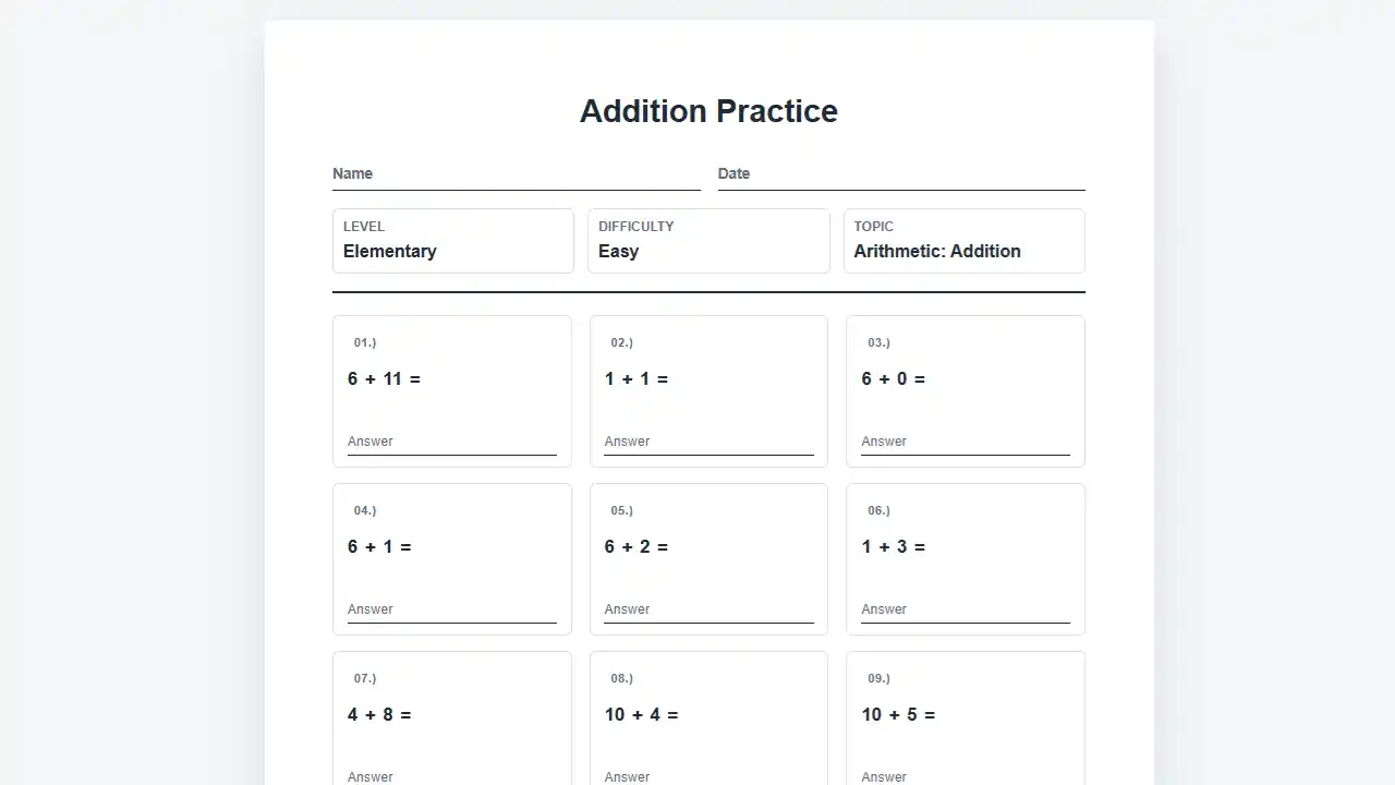Math Worksheet Builder