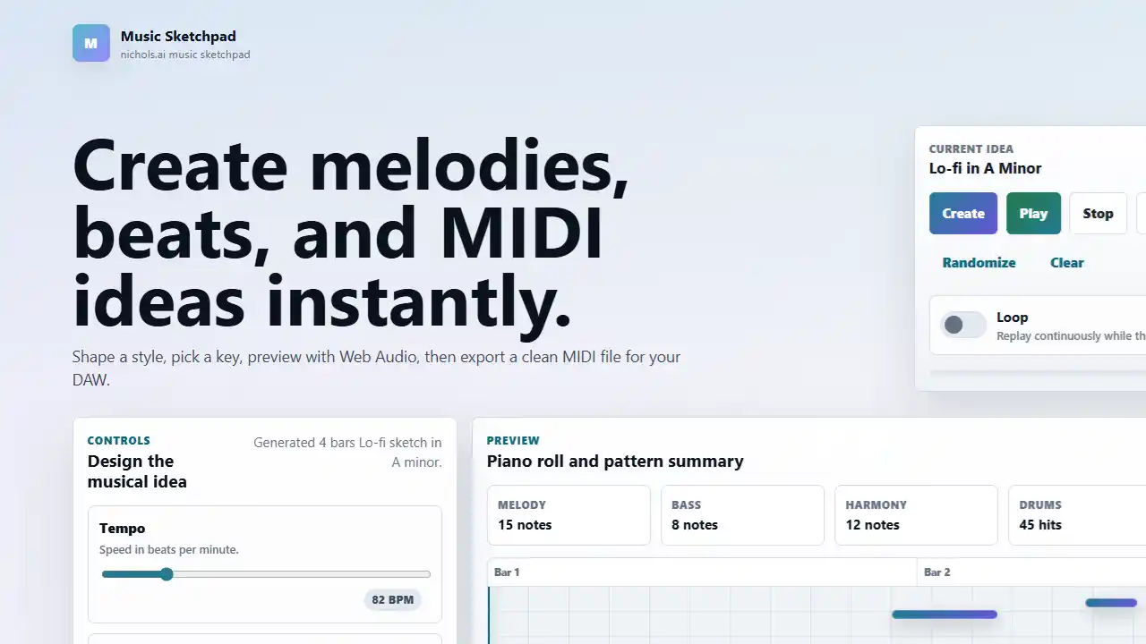 Web tool to create melodies, beats, and MIDI ideas instantly.